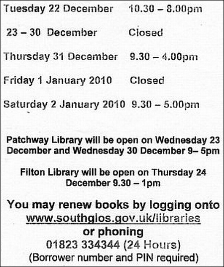 Bradley Stoke Library Opening Times Christmas 2009