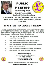 Flyer advertising "an evening with Nigel Farage MEP"at the Aztec Hotel.