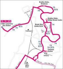 Route map for the 73, 74 and X73 services in Bradley Stoke, Bristol.