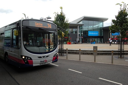 Number 74 bus at the Willow Brook Centre, Bradley Stoke.
