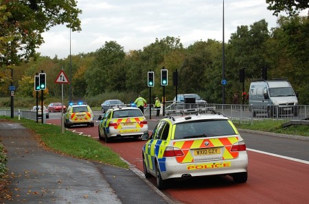 Police officers investigate the scene of an accident on Bradley Stoke Way.