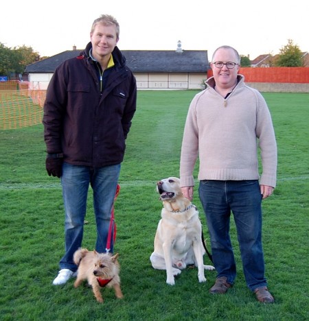 Dog walkers Kevin Wedlock (with Rossi) and Tom Adkins (with Charlie)