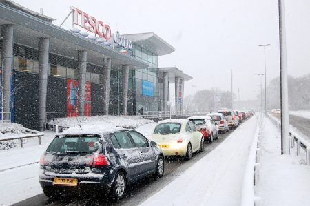 Snow: Traffic tailed back to the Willow Brook Centre on Bradley Stoke Way.