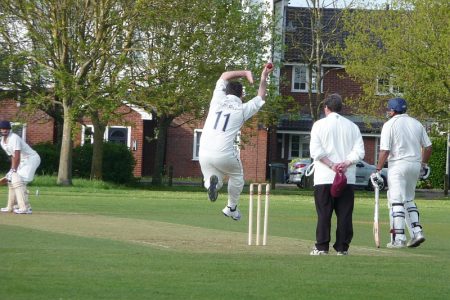 Barry Radford bowls for BSCC against Almondsbury.