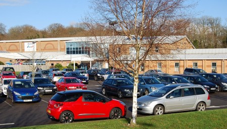 Packed car park at Bradley Stoke Leisure Centre, Bristol.