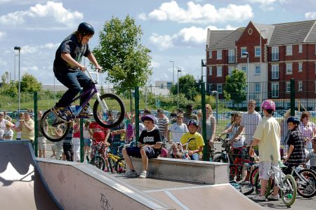 A competition in progress at Bradley Stoke Skate Park.