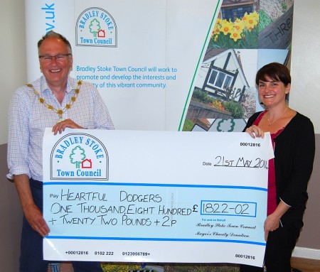 Cllr Brian Hopkinson presents a cheque to Louise Hill of the Heartful Dodgers.