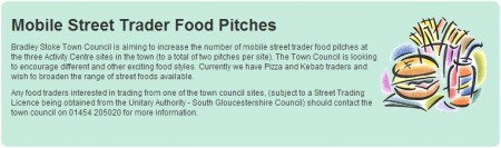 Advert for mobile food trader pitches at sites owned by Bradley Stoke Town Council.