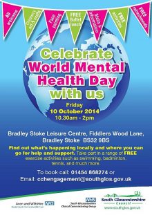 Poster advertising a World Mental Health Day event at Bradley Stoke Leisure Centre, Bristol.