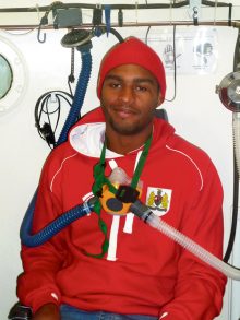 BCFC player Mark Little inside the oxygen chamber at the West of England MS Therapy Centre in Bradley Stoke.