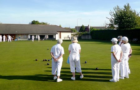 A game in progress at Bradley Stoke Bowls Club, Baileys Court, Bradley Stoke, Bristol.