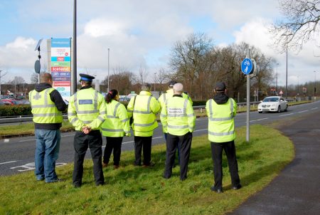 Community Speed Watch members in action on Bradley Stoke Way.