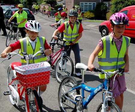 A group of Baileys Court Primary School pupils prepare to cycle to Bradley Stoke Community School.