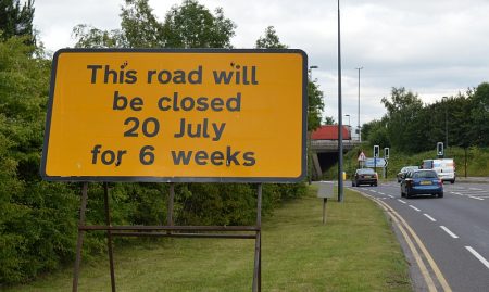 Road closure sign on the B4057, near the junction of Beacon Lane, Winterbourne Road and Old Gloucester Road.