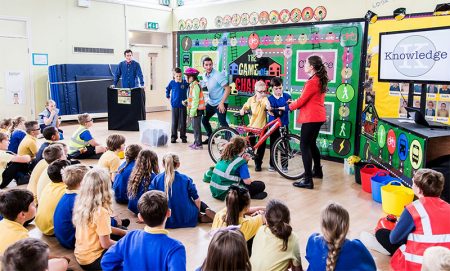 Pupils at Stoke Lodge Primary School take part in the 'Game of Chance' road safety show.