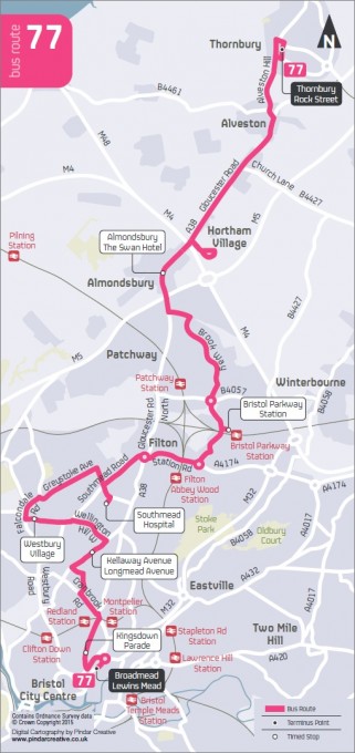 Map of the First Bus route 77 in South Gloucestershire and Bristol.