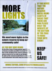 'More lights' poster displayed at numerous locations around the nature reserve in Bradley Stoke.