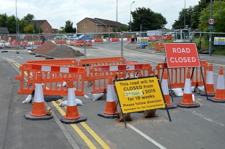 MetroBus construction work at the junction of Bradley Stoke Way and Woodlands Lane.