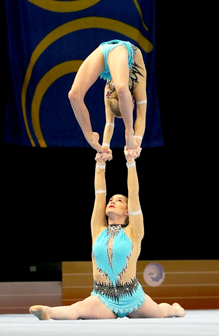 Abigail Hipkiss and Tiana McClurg of King Edmund Gym Club competing at the European Junior Acrobatic Gymnastics Championships in Riesa, Germany.