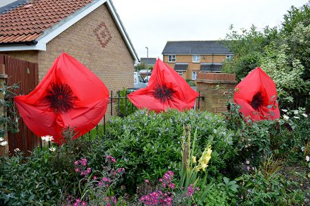 Giant Remembrance poppies installed near Manor Farm Roundabout by the Bradley Stoke in Bloom group.