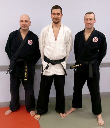 L-r: Chris Wills, Matt Brunt and Peter Williams - The first members of Bradley Stoke Jiu Jitsu Club to achieve a black belt 1st Dan grading.