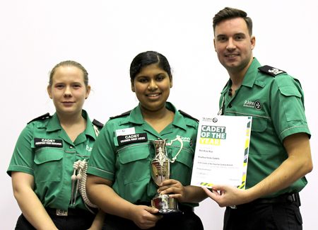 Ann Rose Biju (centre), named St John Ambulance South West Regional Cadet of the Year for 2015, with outgoing cadet of the year Stephanie Harvey and regional youth manager Dave Christophers.