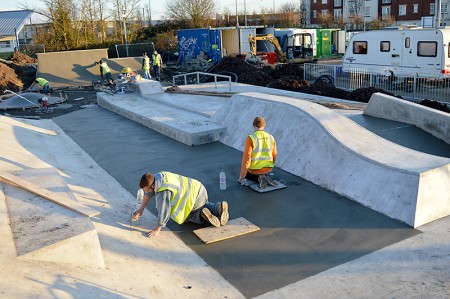 Work in progress on the construction of a new skate park in the grounds of Bradley Stoke Leisure Centre.