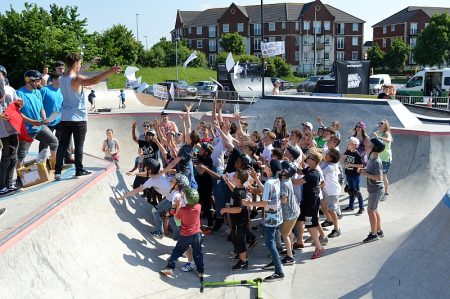 Product toss at the end of the 2016 Bradley Stoke Skate Park Competition.