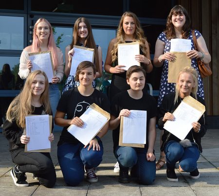 Top-achieving A-level students at Bradley Stoke Community School. Back row (l-r): Erin Pruett, Chloe Lorenzi, Alexandra McCallum and Victoria King. Front row (l-r): Annabel Phillips, Neave Spikings, Sophie Deliot and Holly Macdonald.