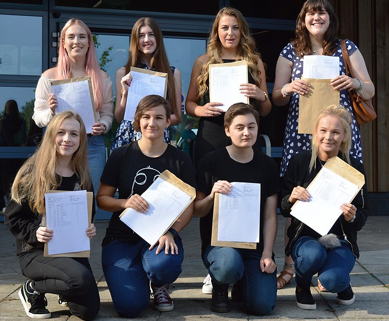 Top-achieving A-level students at Bradley Stoke Community School. Back row (l-r): Erin Pruett, Chloe Lorenzi, Alexandra McCallum and Victoria King. Front row (l-r): Annabel Phillips, Neave Spikings, Sophie Deliot and Holly Macdonald.