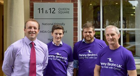 L-r: Jamie Bramhall (Corporate Account Manager, Penny Brohn) with charity walkers Rich Carroll, Chris Wroe and Neil Thompson.