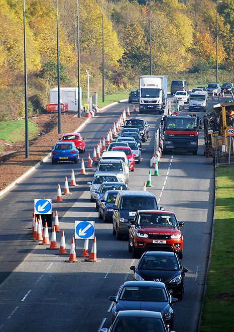 Traffic management on Bradley Stoke Way during MetroBus construction work.