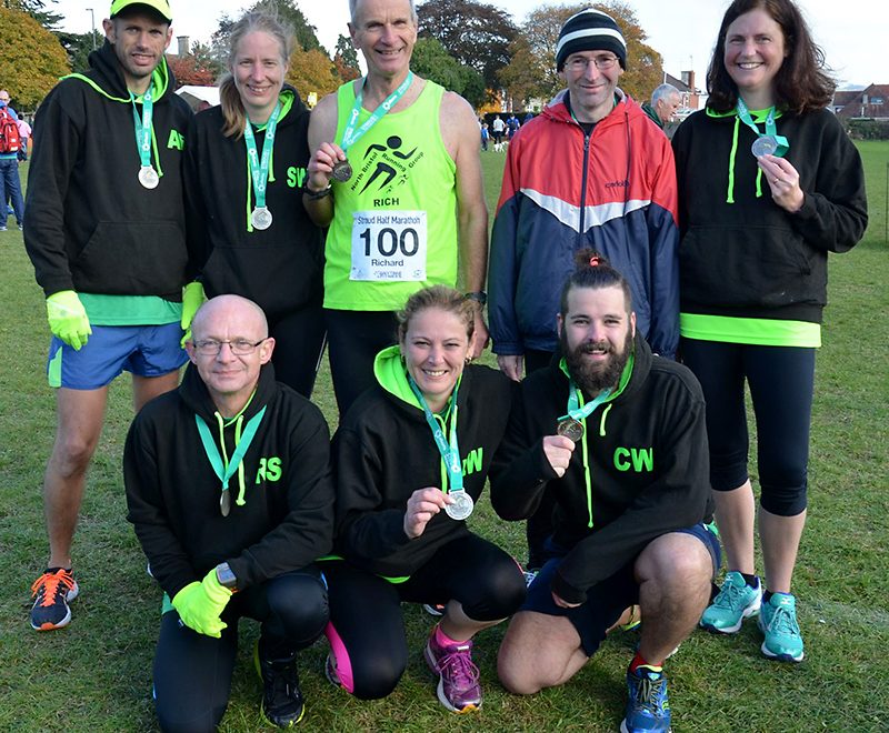Richard Nuell (back row, centre) celebrates with friends from North Bristol Running Group after completing his 100th half marathon. Richard reached his record by completing the Stroud Half Marathon on 23rd October 2016.