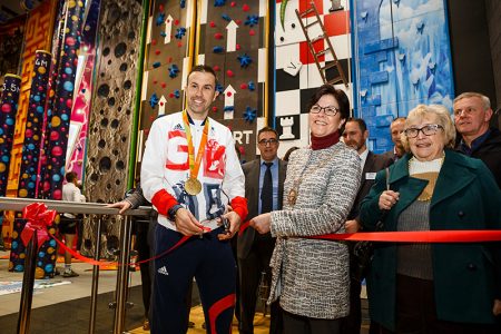 Paralympian Andy Lewis (left) cuts a ribbon to mark the official launch of new facilities at Bradley Stoke Leisure Centre. Alongside him are (l-r) Cllr Erica Williams (chair of South Gloucestershire Council) and Cllr Heather Goddard (chair of South Gloucestershire Council's Environment and Community Services Committee).