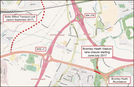 Location of carriageway closure on southern Bromley Heath Viaduct.