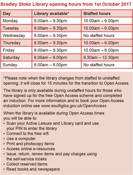Bradley Stoke Library opening hours from 1st October 2017.