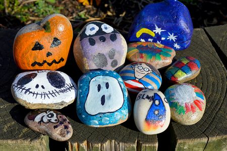 Pebbles decorated by members of The Stokes Rocks group on Facebook.