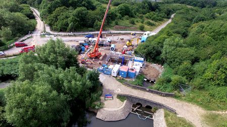 Aerial view of the Wessex Water tunnelling compound in the Three Brooks Local Nature Reserve (July 2017).