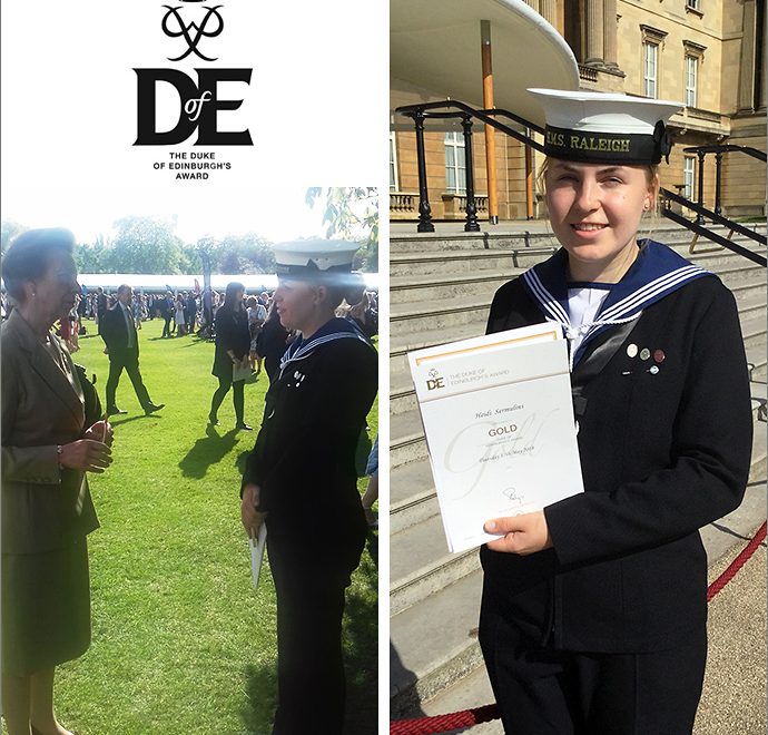 Photos of gold DofE award winner Heidi Sermulins chatting with The Princess Royal and holding her certificate.