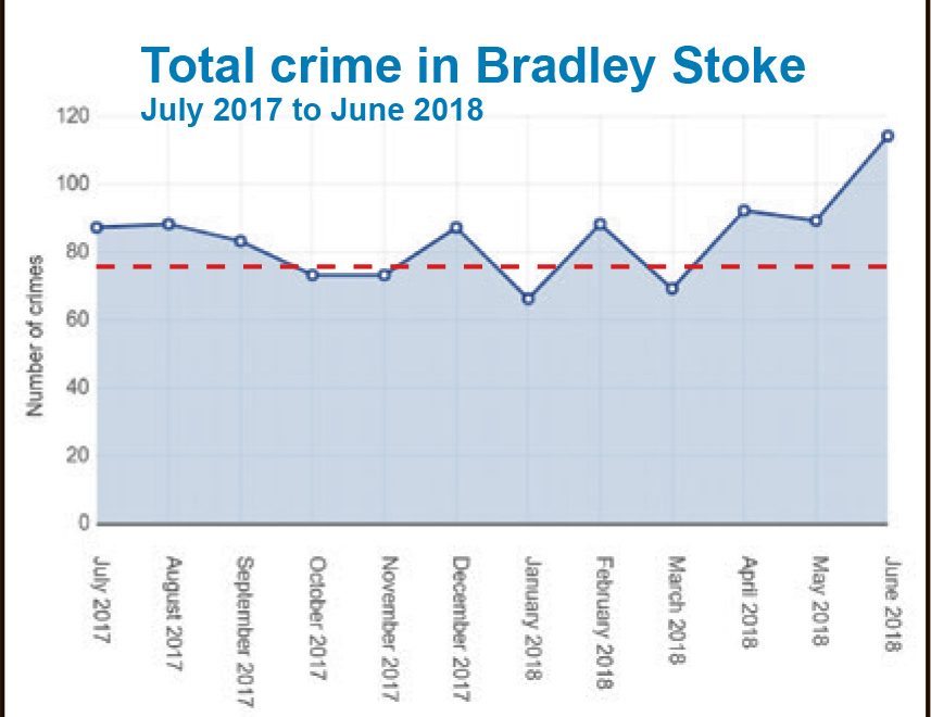 Chart showing monthly crime totals in Bradley Stoke: July 2017 to June 2018.