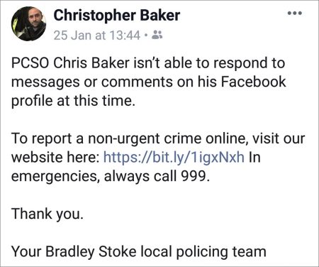 Screen shot of a message placed on the Facebook profile of PCSO Christopher Baker on 25th January 2019.