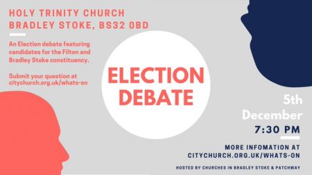 Poster advertising a general election debate featuring candidates for the Filton and Bradley Stoke seat in the 2019 general election.
