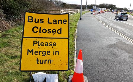 Photo of a 'bus lane closed' sign on Bradley Stoke Way.
