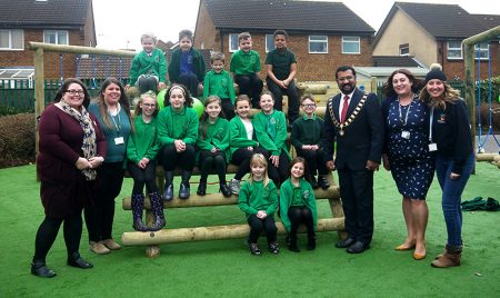 Photo of Bradley Stoke mayor Tom Aditya with staff and pupils at the official opening.