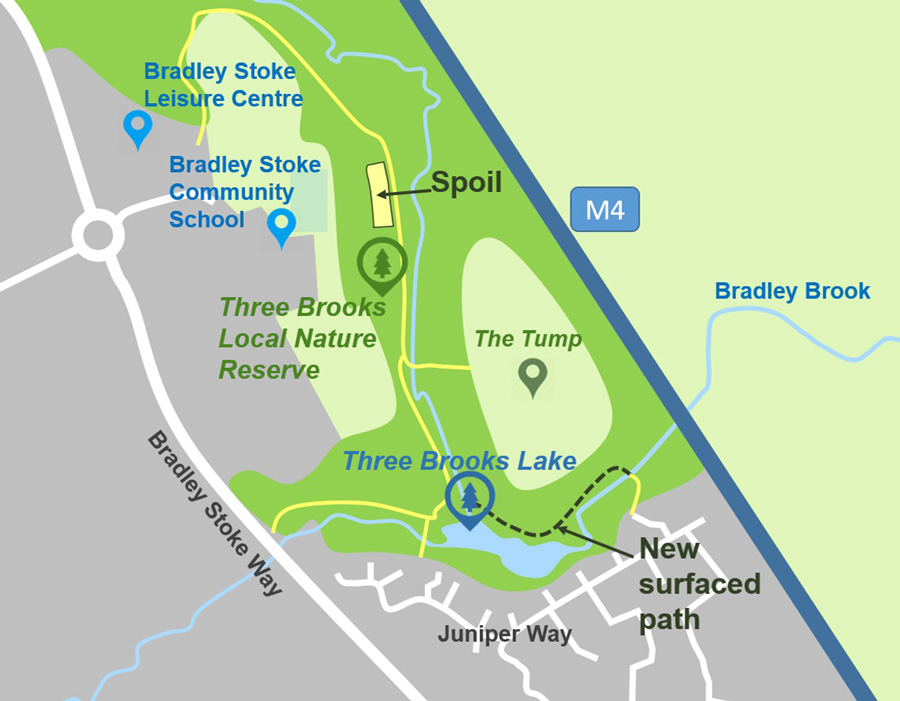 Map showing the location of the spoil dump area that will be used during the upcoming lake desilting operation. The route of a surfaced path that will be created as part of the project is also shown.