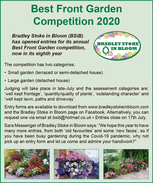 Information panel promoting Bradley Stoke in Bloom's Best Front Garden competition 2020.