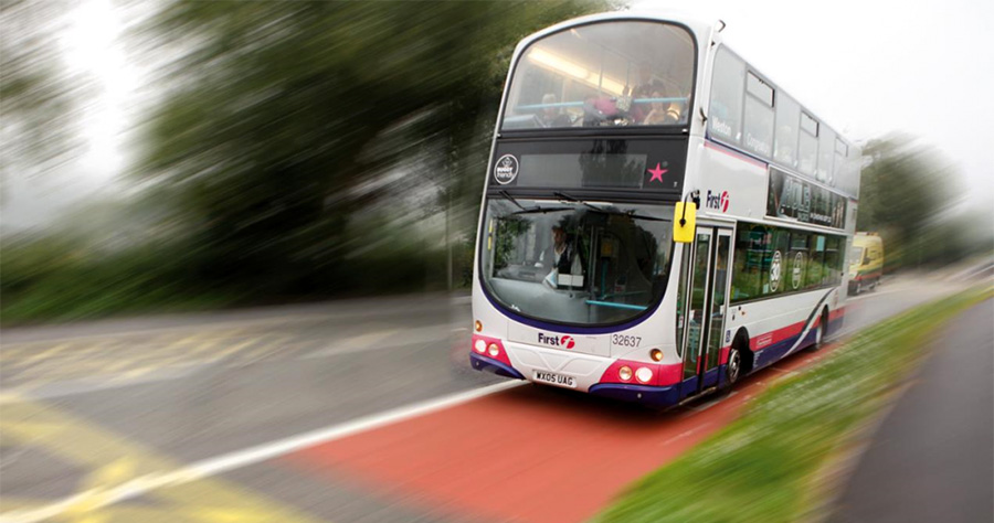 Photo of a double decker bus in First Bus livery.