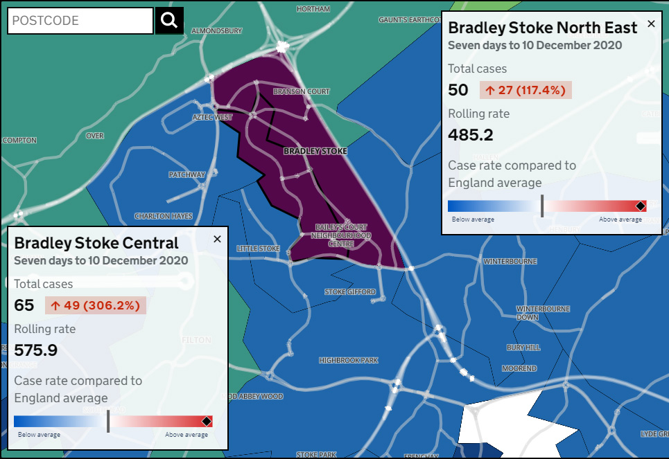 Map showing Covid-19 seven-day infection rates in Bradley Stoke for the period ending 10th December 2020.