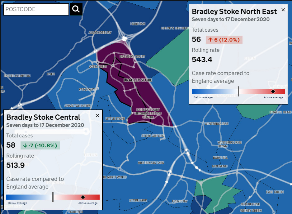 Map showing Covid-19 seven-day infection rates in Bradley Stoke for the period ending 17th December 2020.
