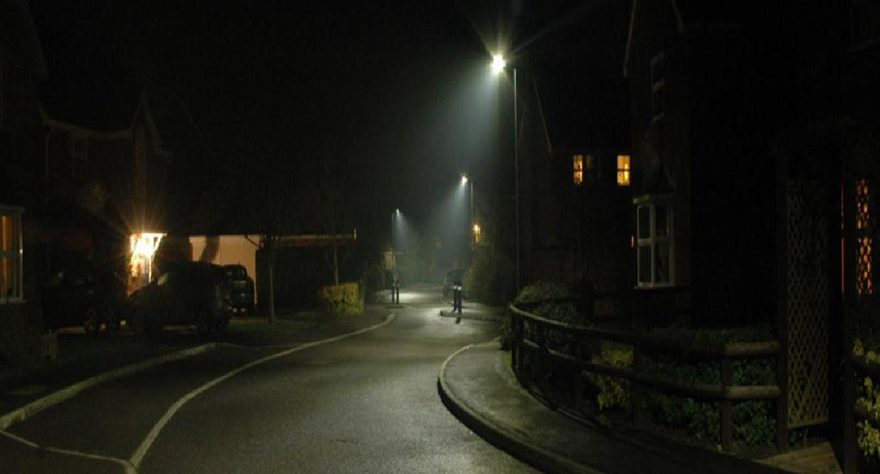 Photo of a street lit by LED lighting.
